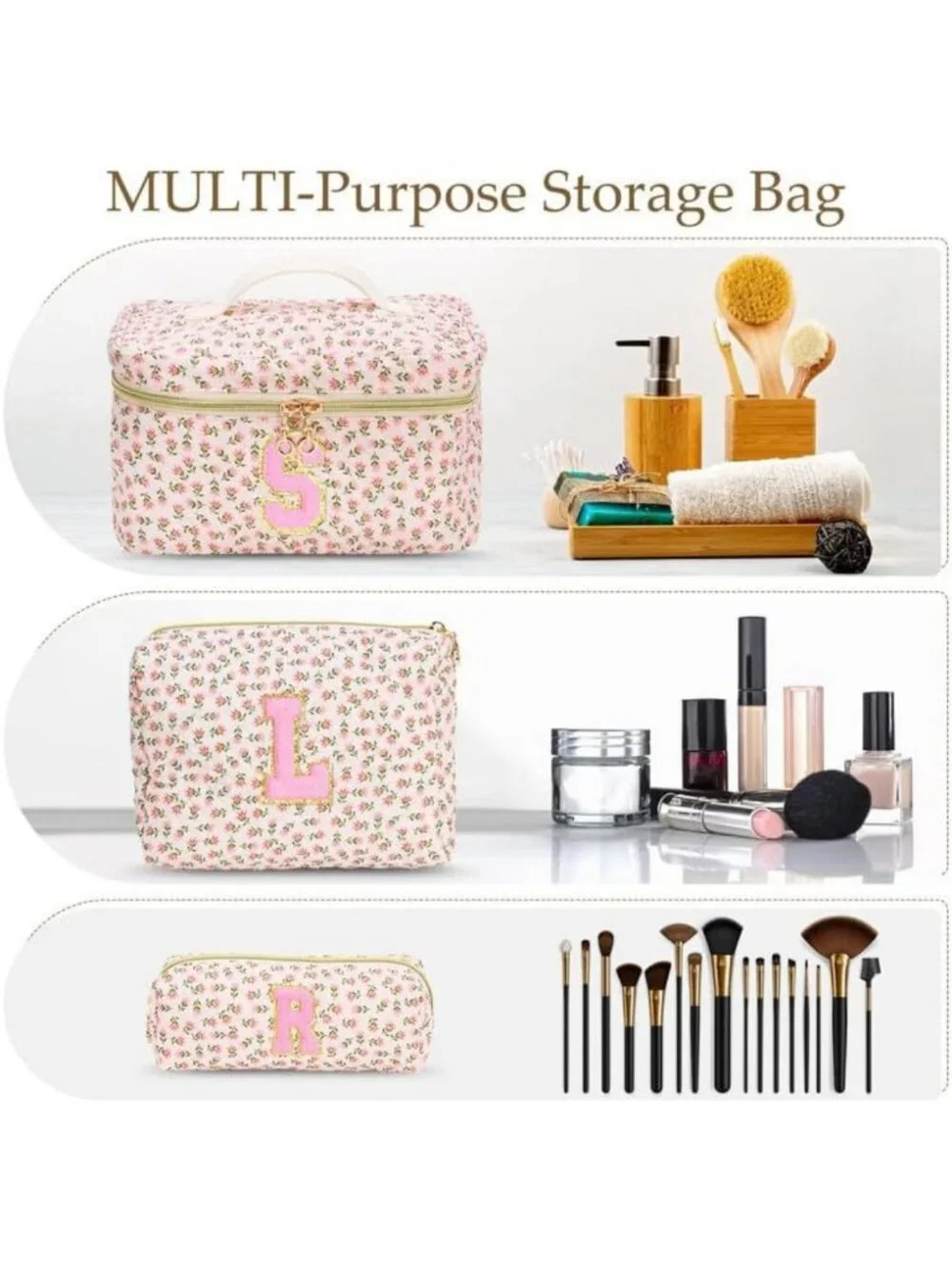 3 PCS Personalized Travel Makeup Bag Set - Quilted Cosmetic Organizer & Toiletry